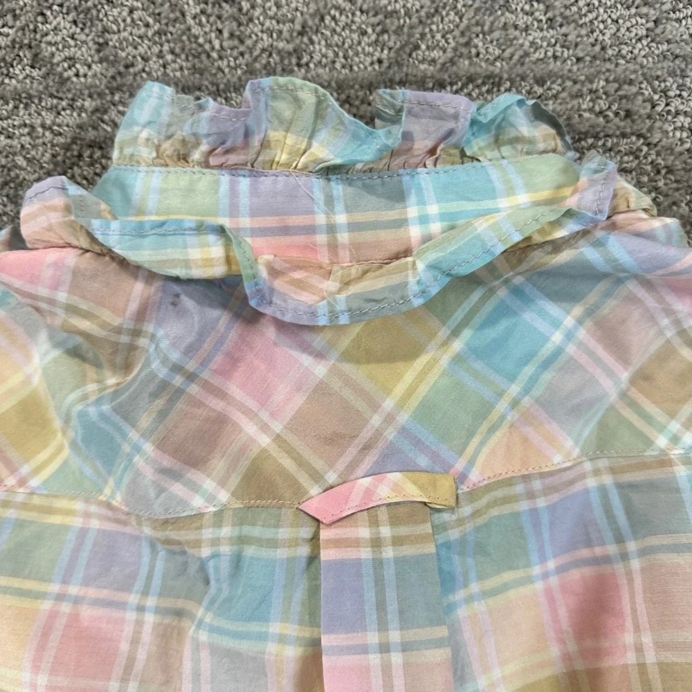 J Crew Classic Pastel Plaid Ruffle Collar Silk‎ Cotton Blend Button Up Shirt 4